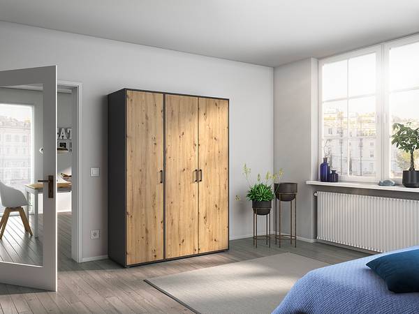 Drehtürenschrank Voyager Eiche Artisan Dekor / Graumetallic - Breite: 140 cm - Basic - Ohne Schubladen