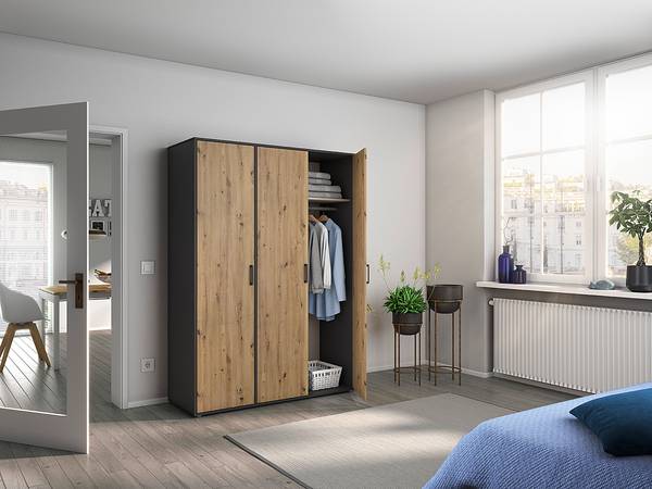 Drehtürenschrank Voyager Eiche Artisan Dekor / Graumetallic - Breite: 140 cm - Basic - Ohne Schubladen