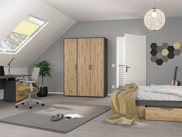 Drehtürenschrank Voyager Eiche Artisan Dekor / Graumetallic - Breite: 140 cm - Basic - Ohne Schubladen