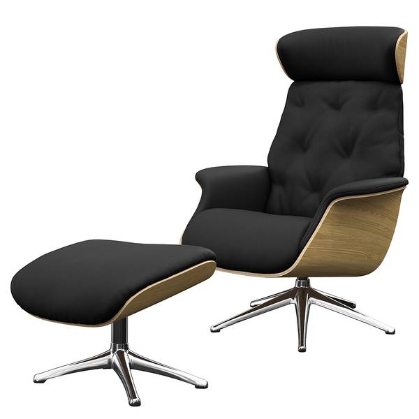 Fauteuil relax BLOMST Cuir Danbi: Noir - Hauteur : 118 cm - Chrome brillant - Avec repose-pieds - Chêne