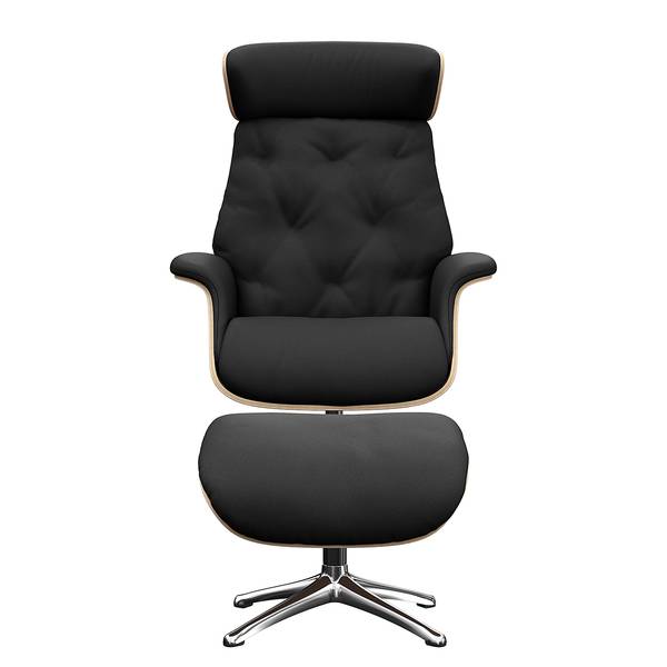 Fauteuil relax BLOMST Cuir Danbi: Noir - Hauteur : 118 cm - Chrome brillant - Avec repose-pieds - Chêne