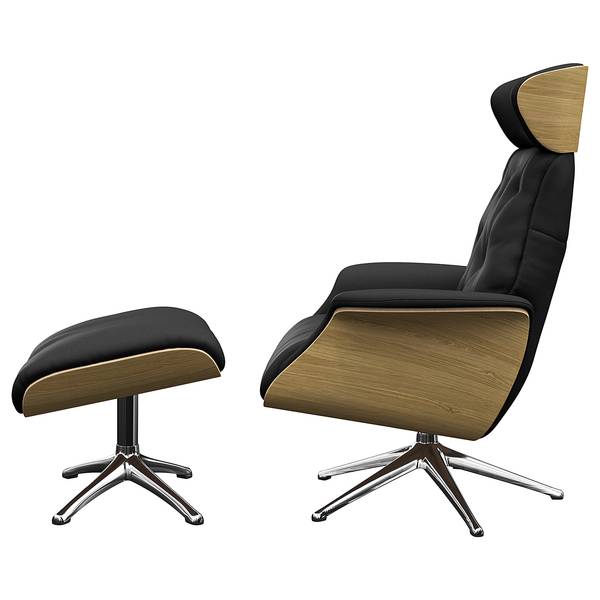 Fauteuil relax BLOMST Cuir Danbi: Noir - Hauteur : 118 cm - Chrome brillant - Avec repose-pieds - Chêne