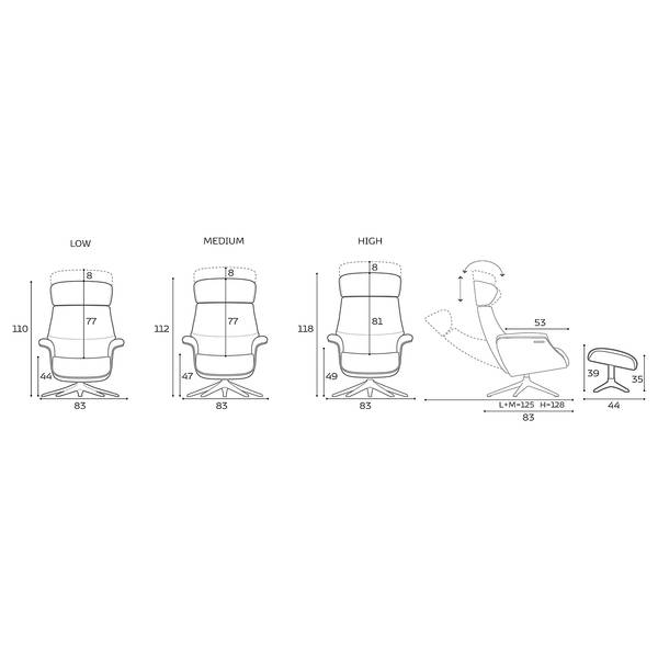 Fauteuil relax BLOMST Cuir Danbi: Noir - Hauteur : 118 cm - Chrome brillant - Avec repose-pieds - Chêne