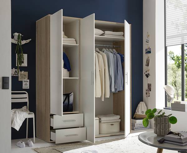 Drehtürenschrank Zajak Weiß / Eiche Sonoma Dekor - Breite: 155 cm
