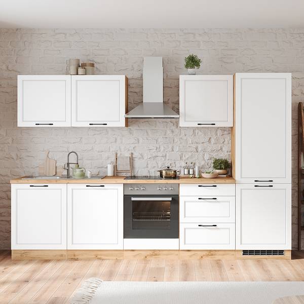 Küchenzeile Meran Matt Weiß - Breite: 300 cm - Mit Elektrogeräten