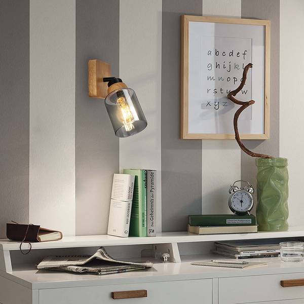 Wandleuchte Meidelo Aluminium / Rauchglas - Schwarz / Eiche - Flammenanzahl: 1