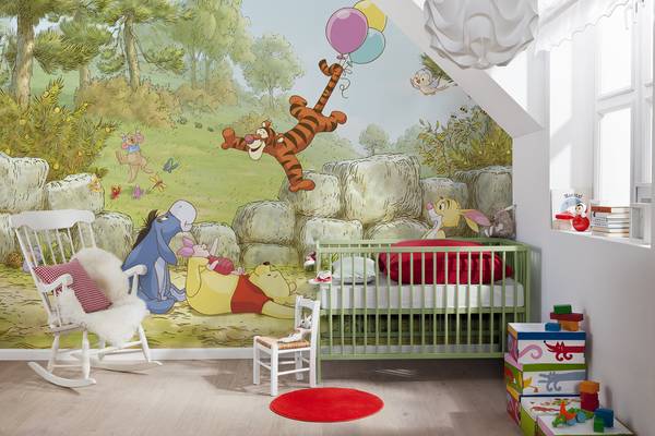 Papier Peint Autocollant Winnie L'Ourson Avec Tigre Et Arbre - Déco Murale Chambre Enfant - Vinyle Beige