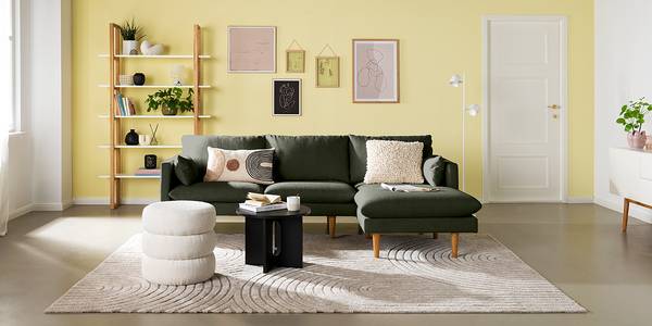 Hoekbank ELLENS geweven stof Saia: gemêleerd grijsgroen - chaise longue vooraanzicht rechts