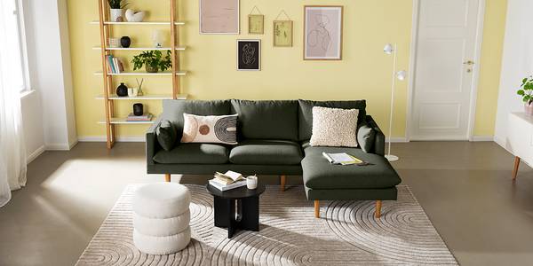 Hoekbank ELLENS geweven stof Saia: gemêleerd grijsgroen - chaise longue vooraanzicht rechts