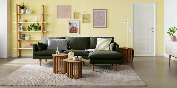 Hoekbank ELLENS geweven stof Saia: gemêleerd grijsgroen - chaise longue vooraanzicht rechts