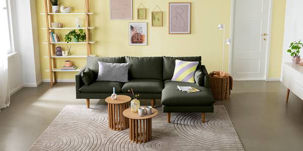 Hoekbank ELLENS geweven stof Saia: gemêleerd grijsgroen - chaise longue vooraanzicht rechts