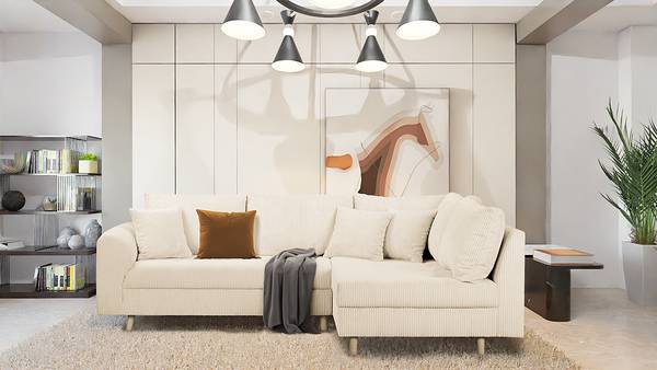 Ecksofa Meyford Cordstoff Lola: Creme - Ottomane davorstehend rechts - Ohne Hocker