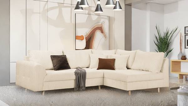 Ecksofa Meyford Cordstoff Lola: Creme - Ottomane davorstehend rechts - Ohne Hocker