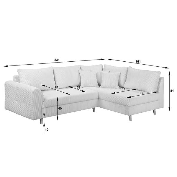 Ecksofa Meyford Cordstoff Lola: Creme - Ottomane davorstehend rechts - Ohne Hocker