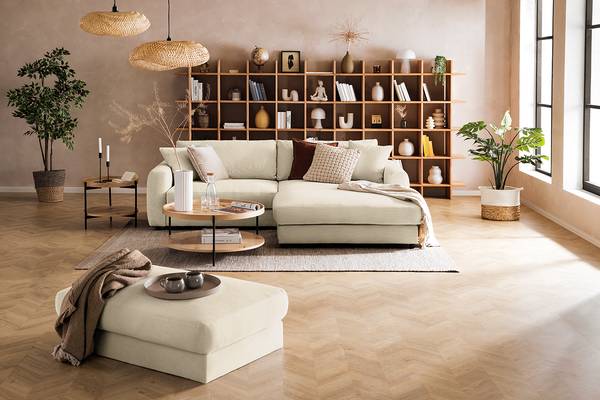 Ecksofa LAYAA mit Longchair Cordstoff Snor: Beige - Breite: 238 cm - Longchair davorstehend rechts