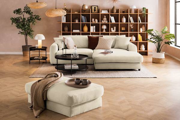 Ecksofa LAYAA mit Longchair Cordstoff Snor: Beige - Breite: 238 cm - Longchair davorstehend rechts