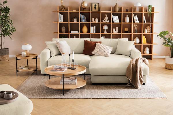 Ecksofa LAYAA mit Longchair Cordstoff Snor: Beige - Breite: 238 cm - Longchair davorstehend rechts