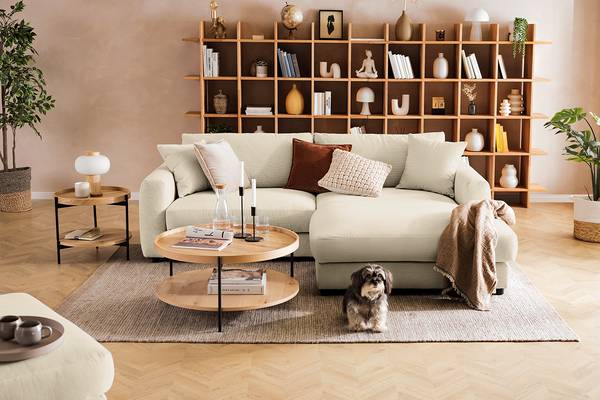 Ecksofa LAYAA mit Longchair Cordstoff Snor: Beige - Breite: 238 cm - Longchair davorstehend rechts