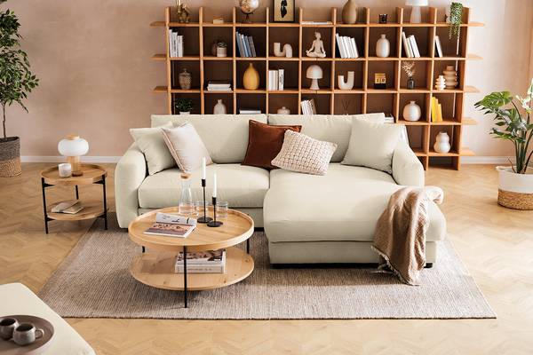Ecksofa LAYAA mit Longchair Cordstoff Snor: Beige - Breite: 238 cm - Longchair davorstehend rechts