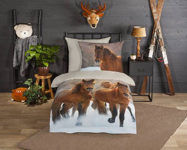 Copripiumino e federa Ponies Cotone - Sabbia - 135 x 200 cm + Cuscino 80 x 80 cm