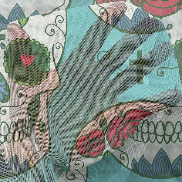 Rideaux passants Skull roses - Lot de 2 Polyester - Rouge / Turquoise - Hauteur : 210 cm