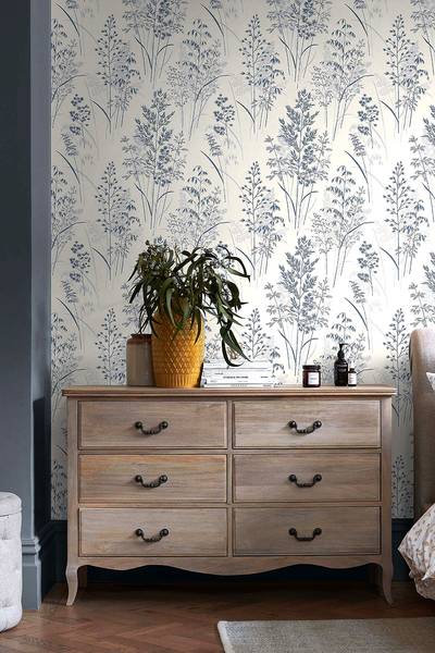 Papier peint intissé Leaf Sprigs Intissé - Bleu / Blanc