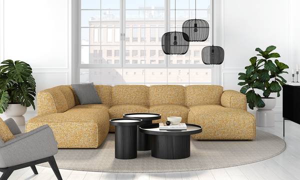Wohnlandschaft HUDSON Chenille Enne: Honiggelb - Longchair davorstehend rechts / Ottomane links