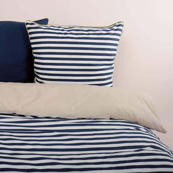 Perkal-Bettwäsche Tom Tailor Baumwolle - Beige / Dunkelblau - 140 x 200 cm + Kissen 90 x 70 cm
