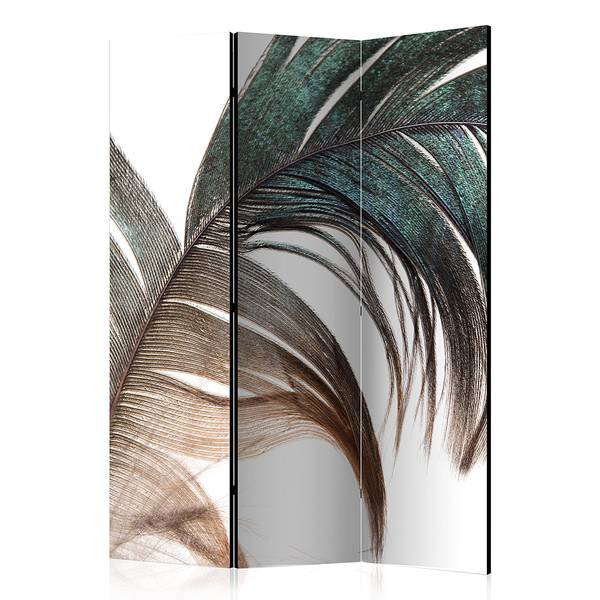 Kamerscherm Beautiful Feather Akoestisch vlies op massief hout - bruin/groen