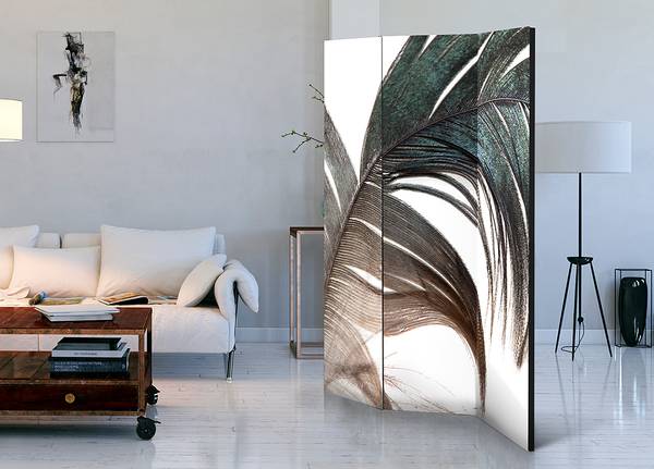 Kamerscherm Beautiful Feather Akoestisch vlies op massief hout - bruin/groen