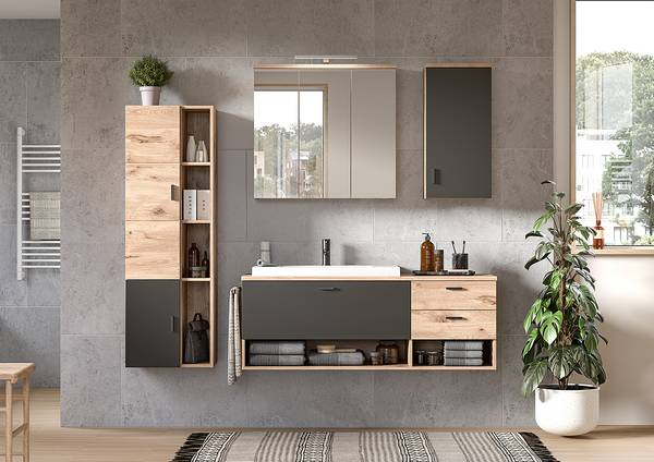 Mobile con lavabo Leahy Ceramica - Grigio opaco / Effetto rovere