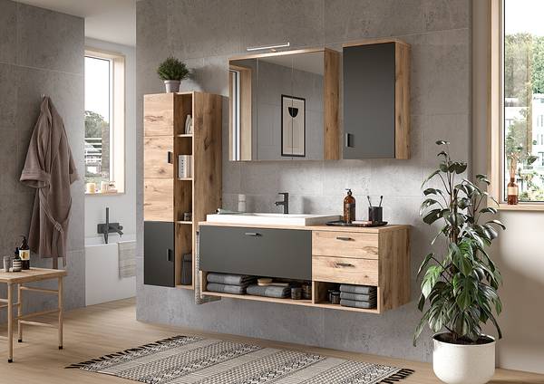 Mobile con lavabo Leahy Ceramica - Grigio opaco / Effetto rovere