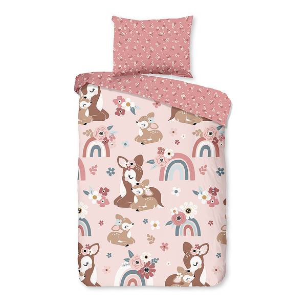 Kinderbettwäsche Rehkitz Baumwolle - Pink - 100 x 135 cm + Kissen 40 x 60 cm