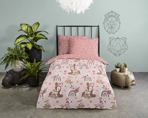 Kinderbettwäsche Rehkitz Baumwolle - Pink - 100 x 135 cm + Kissen 40 x 60 cm