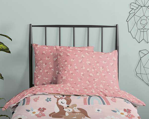Kinderbettwäsche Rehkitz Baumwolle - Pink - 100 x 135 cm + Kissen 40 x 60 cm