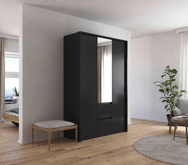 Drehtürenschrank Mainz mit Passepartout Graumetallic - Breite: 141 cm - Ohne Beleuchtung - Mit Spiegeltür/-en