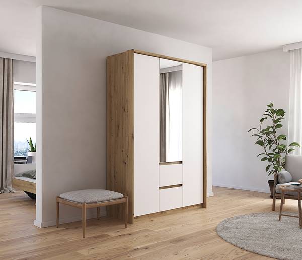 Drehtürenschrank Mainz mit Passepartout Alpinweiß / Eiche Artisan Dekor - Breite: 141 cm - Ohne Beleuchtung - Mit Spiegeltür/-en