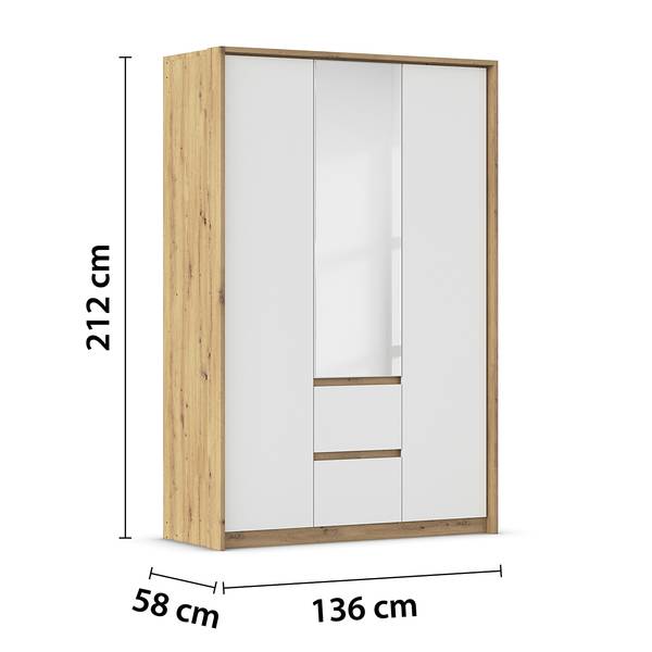 Drehtürenschrank Mainz mit Passepartout Alpinweiß / Eiche Artisan Dekor - Breite: 141 cm - Ohne Beleuchtung - Mit Spiegeltür/-en