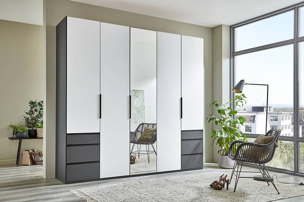 Drehtürenschrank Level36 - 236 cm Typ A Weiß / Graphit - Breite: 250 cm - Schwarz - Mit Spiegeltür/-en