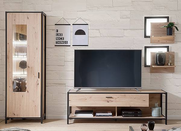 Woonwand Simaya 4-delig vitrinekast balken-eikenhouten look/antracietkleurig - Breedte: 275 cm