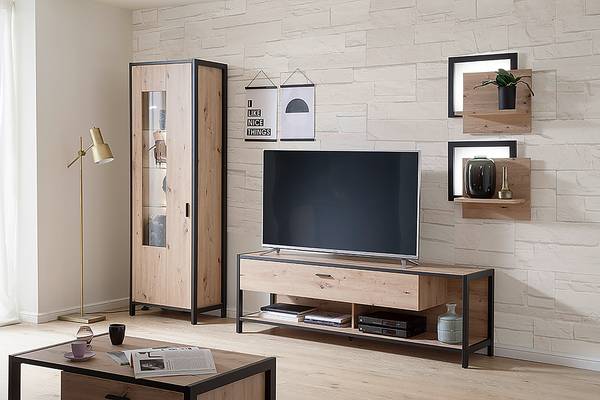 Woonwand Simaya 4-delig vitrinekast balken-eikenhouten look/antracietkleurig - Breedte: 275 cm