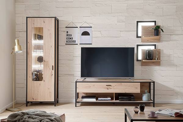 Woonwand Simaya 4-delig vitrinekast balken-eikenhouten look/antracietkleurig - Breedte: 275 cm