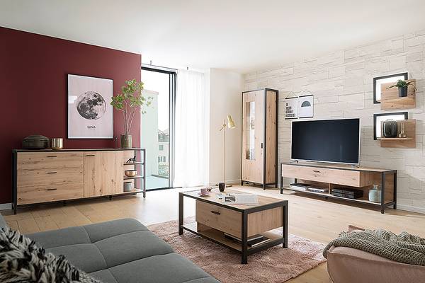 Woonwand Simaya 4-delig vitrinekast balken-eikenhouten look/antracietkleurig - Breedte: 275 cm