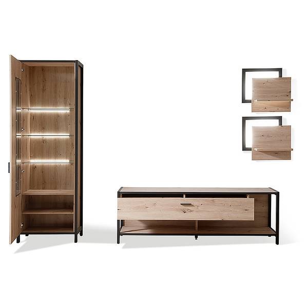 Woonwand Simaya 4-delig vitrinekast balken-eikenhouten look/antracietkleurig - Breedte: 275 cm