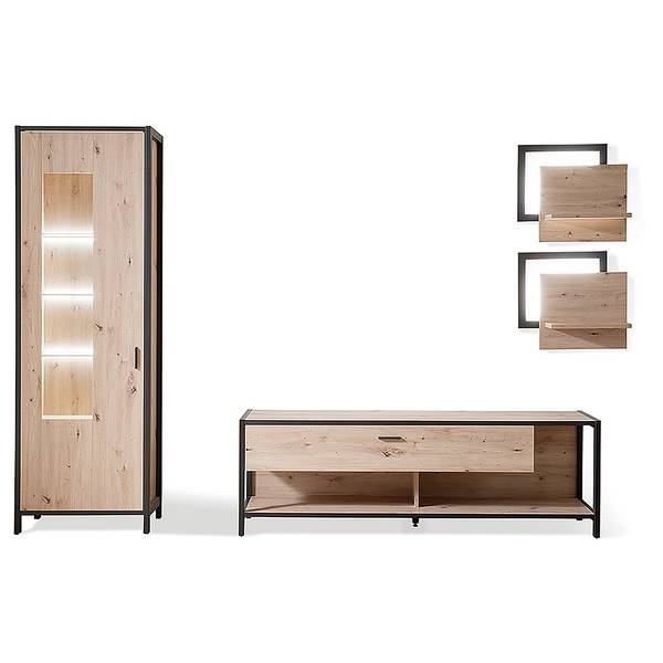 Woonwand Simaya 4-delig vitrinekast balken-eikenhouten look/antracietkleurig - Breedte: 275 cm