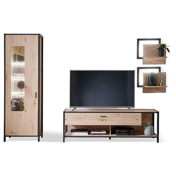 Woonwand Simaya 4-delig vitrinekast balken-eikenhouten look/antracietkleurig - Breedte: 275 cm