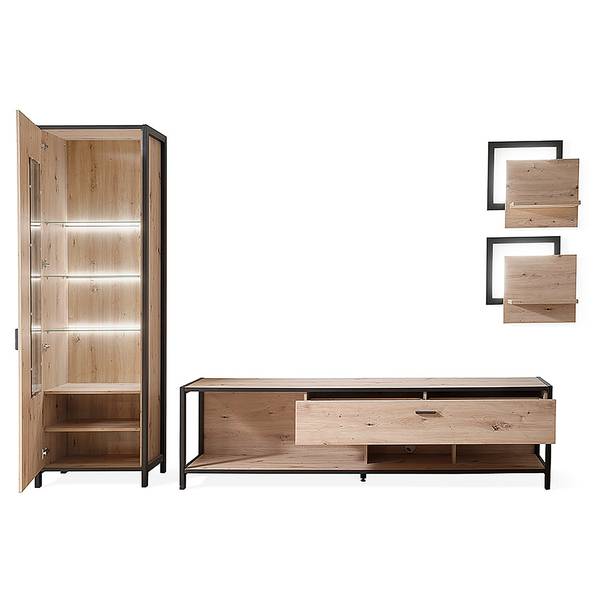 Wohnwand Simaya 4-teilig Vitrine Balkeneiche Dekor / Anthrazit - Breite: 310 cm