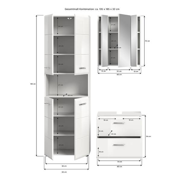 Badset Amethian 3-teilig Kombi B Ohne Beleuchtung - Hochglanz Weiß - Hochglanz Weiß