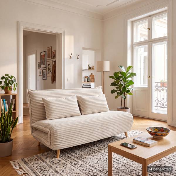 Schlafsofa KAPASIA Cord / Metall - Creme / Eiche Hell