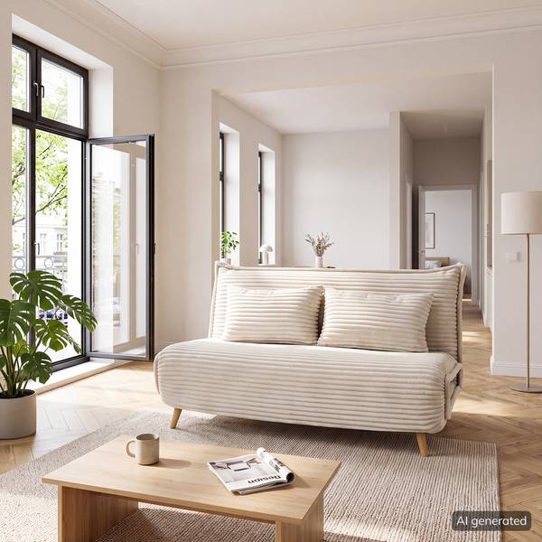 Schlafsofa KAPASIA Cord / Metall - Creme / Eiche Hell